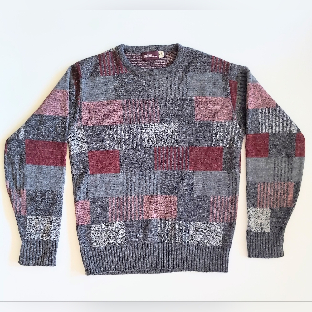 Cellin Crewneck Pullover Sweater Mens Medium Gray Red Pink Geometric Pattern